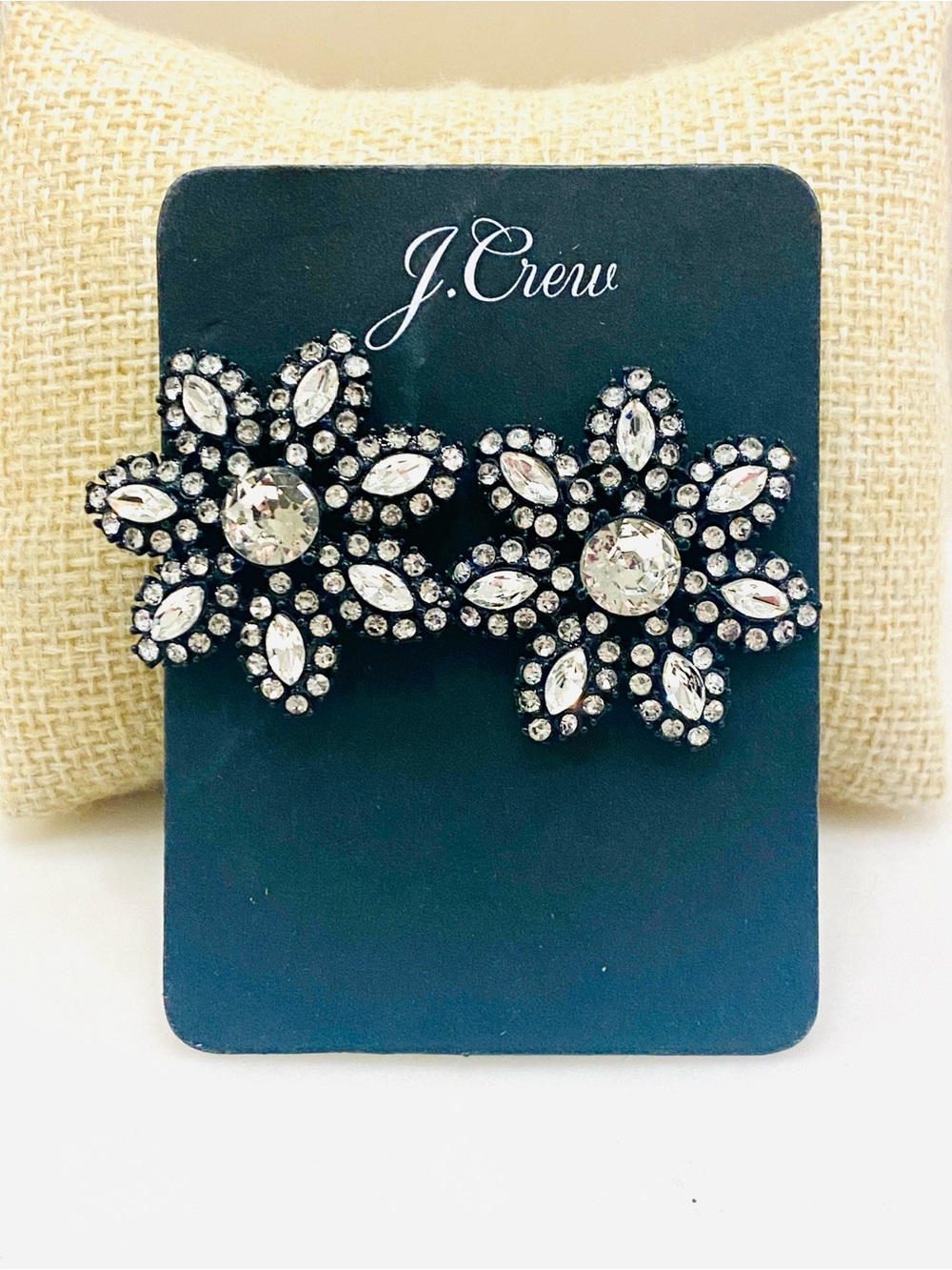 J. Crew Black and Clear Crystal Floral Cluster Stud Earrings Preppy Classic Chic